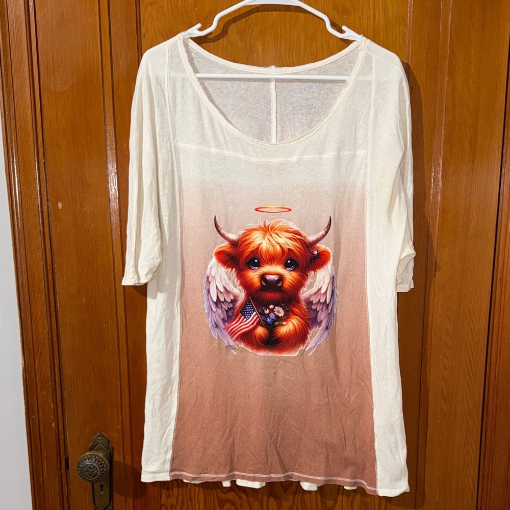 We The Free Cream and Brown Angelic Cow Graphic Tee